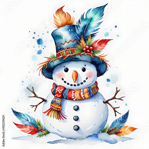 Tribal Snowman Watercolor Clip Art: Vector Flat White Background photo