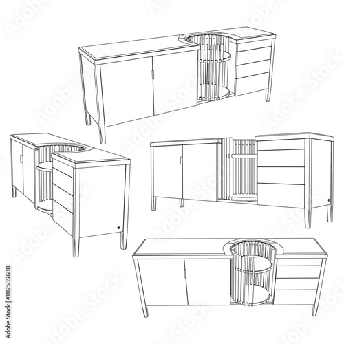 Hand drawn silhouette of mid century dresser. Modern furniture outline drawing. Line art cupboard for trendy interior design. Sketch commode on legs. Vector illustration