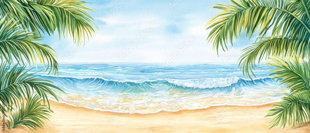 vibrant tropical beach scene with palm trees framing view, showcasing soft waves lapping at sandy shore under clear blue sky vibrant tropical beach scene with palm trees framing view, showcasing soft waves lapping at sandy shore under clear blue sky