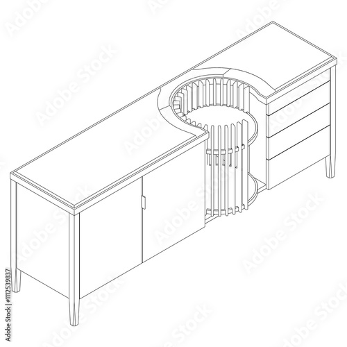 Hand drawn silhouette of mid century dresser. Modern furniture outline drawing. Line art cupboard for trendy interior design. Sketch commode on legs. Vector illustration