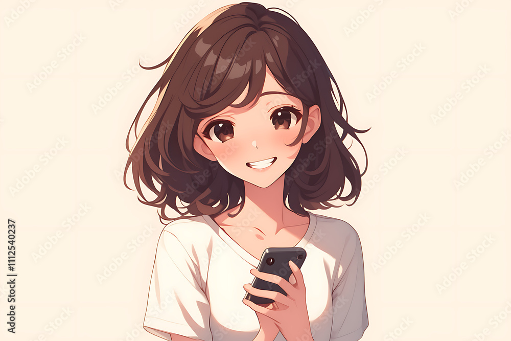 A cheerful girl with brown hair holding a smartphone, smiling warmly at the viewer. A cheerful girl with brown hair holding a smartphone, smiling warmly at the viewer.