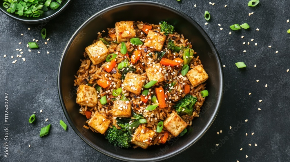Freshly Prepared Tofu Vegetable Stir Fry with Rice and Garnishes Freshly Prepared Tofu Vegetable Stir Fry with Rice and Garnishes