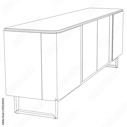 Hand drawn silhouette of mid century dresser. Modern furniture outline drawing. Line art cupboard for trendy interior design. Sketch commode on legs. Vector illustration