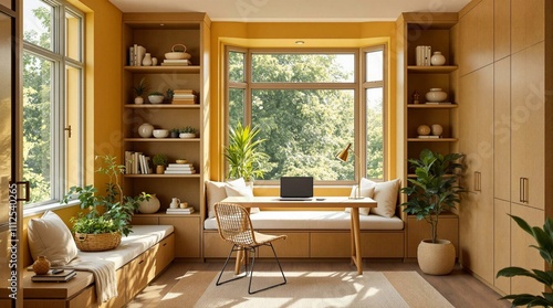 Bright home office with natural light, wooden furniture, and green plants creating a warm and inviting workspace.