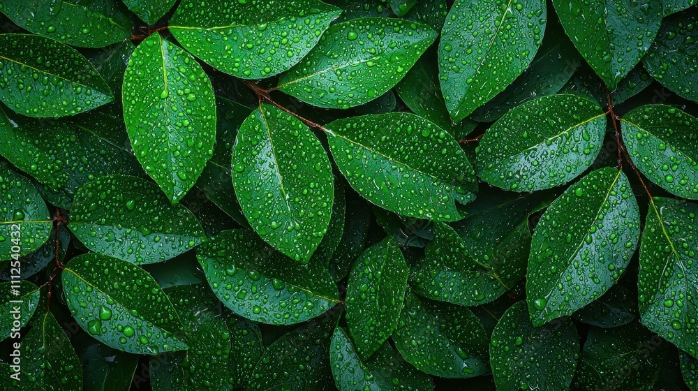Fototapeta premium Fresh Green Leaves with Raindrops on Natural Background in Soft Focus
