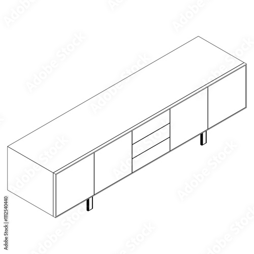 Hand drawn silhouette of mid century dresser. Modern furniture outline drawing. Line art cupboard for trendy interior design. Sketch commode on legs. Vector illustration