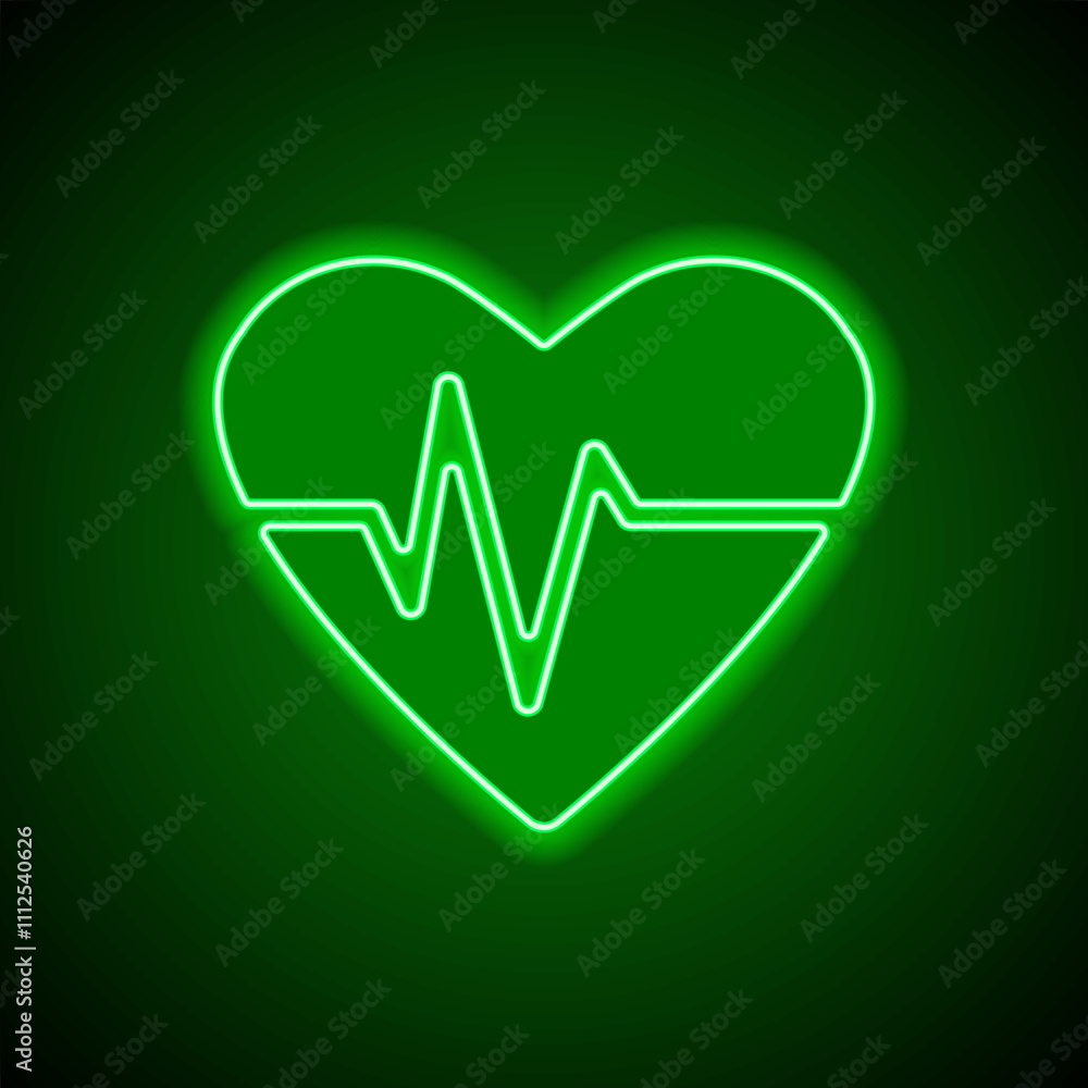 Heartbeat simple icon vector. Flat design. Green neon on black background with green light Heartbeat simple icon vector. Flat design. Green neon on black background with green light