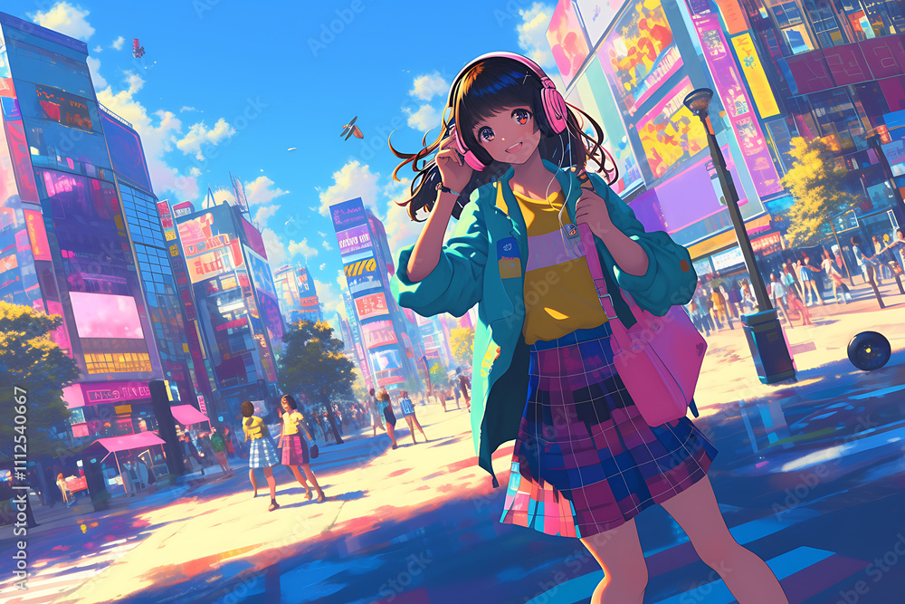 A vibrant urban scene featuring a girl in headphones amidst a bustling cityscape. A vibrant urban scene featuring a girl in headphones amidst a bustling cityscape.