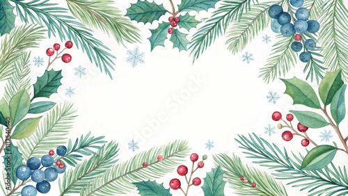 Watercolor pine and berries frame, green and blue, holiday card design.