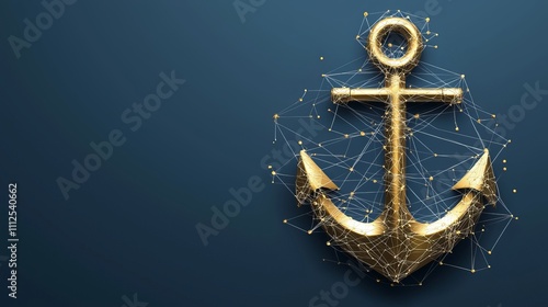 Golden anchor symbol with a modern, low-poly design on a dark blue background. photo