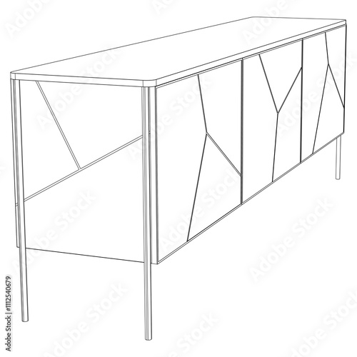 Hand drawn silhouette of mid century dresser. Modern furniture outline drawing. Line art cupboard for trendy interior design. Sketch commode on legs. Vector illustration