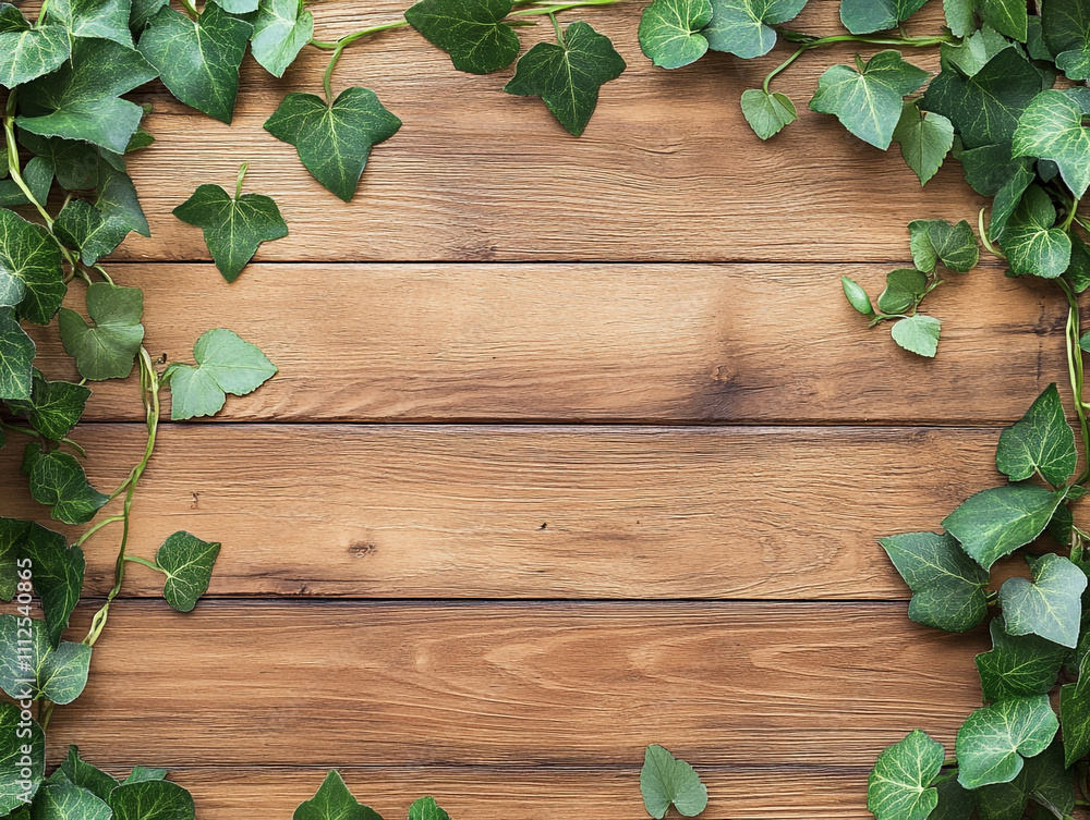 Wooden background with ivy decoration, with copy space for text or product presentation design template. Wooden background with ivy decoration, with copy space for text or product presentation design template.