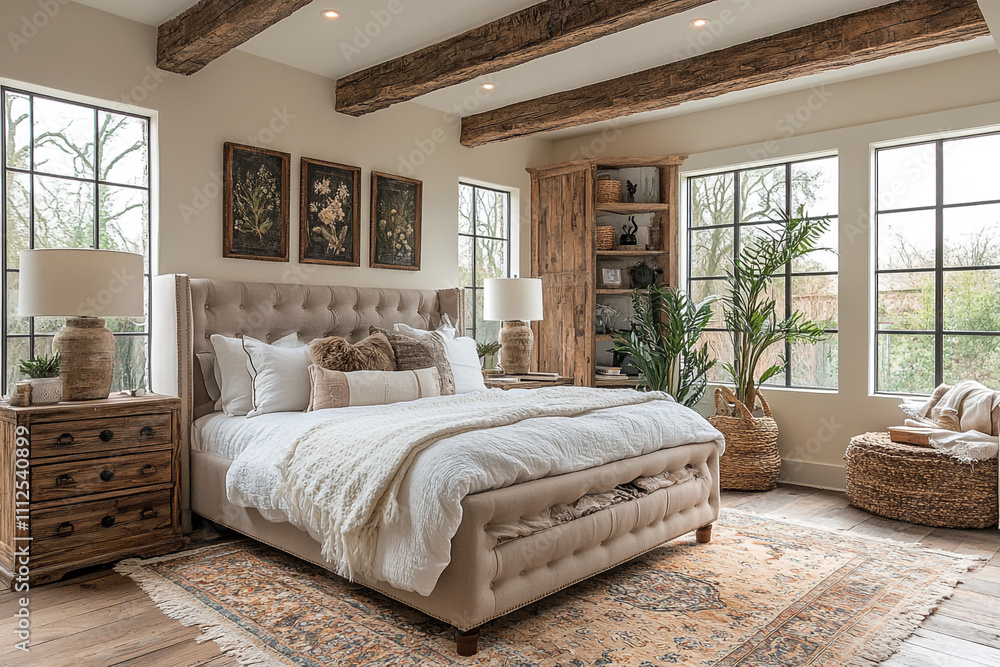 Rustic Farmhouse Bedroom With Exposed Wooden Beams Rustic Farmhouse Bedroom With Exposed Wooden Beams