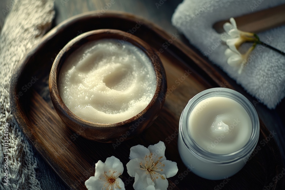 Luxurious body lotion and exfoliating scrub arranged on a spa tray. Luxurious body lotion and exfoliating scrub arranged on a spa tray.