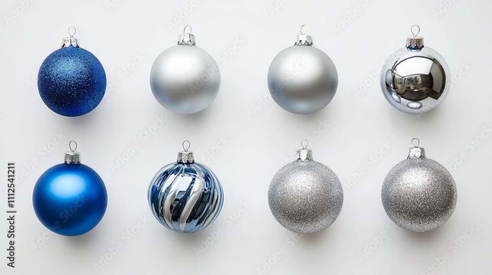 Christmas blue silver decorations balls New Year on white background Christmas blue silver decorations balls New Year on white background