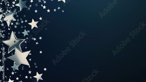 Sleek silver star confetti on a deep navy blue background, with a soft gradient that brings a sense of night sky elegance and quiet celebration