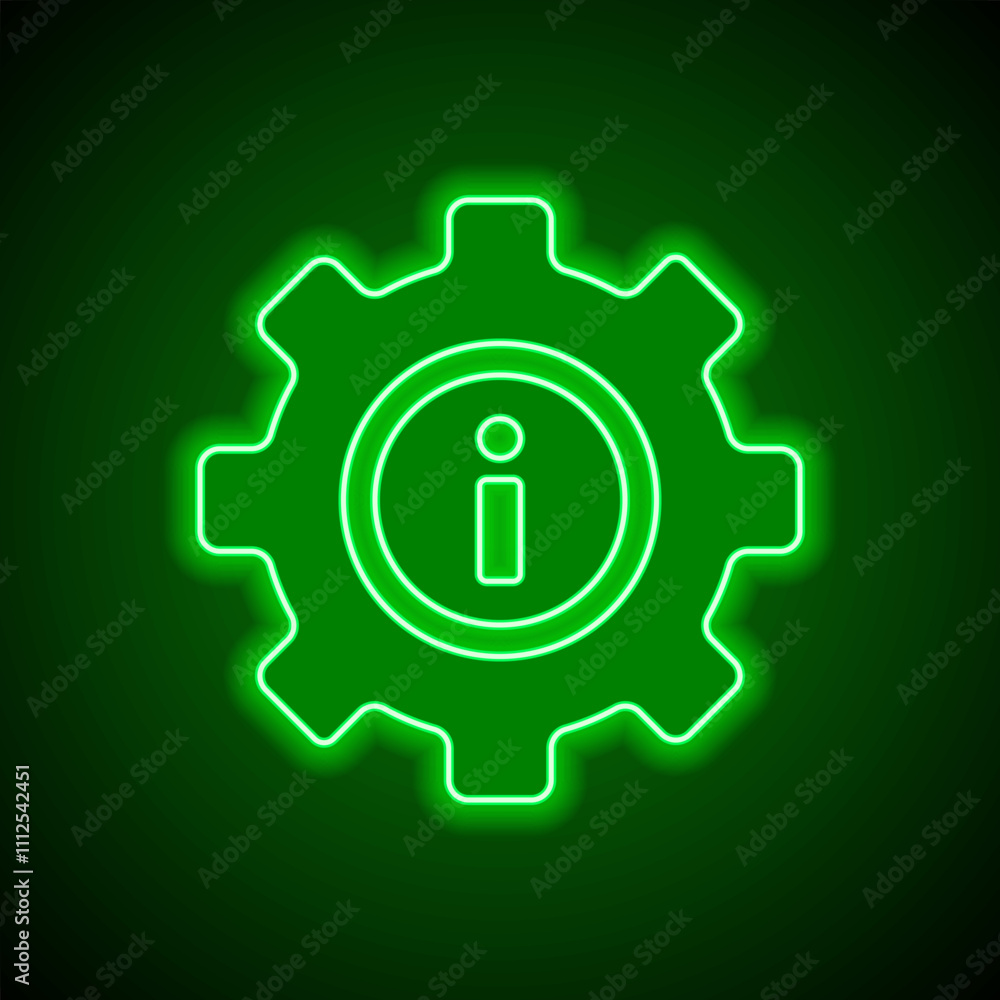 Obraz premium Gear vector, simple icon. Flat design. Green neon on black background with green light