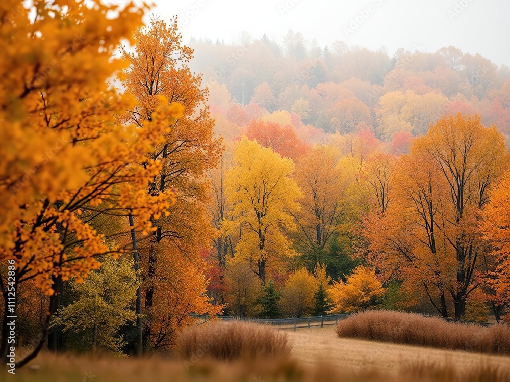 Softly focused landscape of autumn trees with colorful foliage , outdoor scenes, leafy branches, golden light Softly focused landscape of autumn trees with colorful foliage , outdoor scenes, leafy branches, golden light