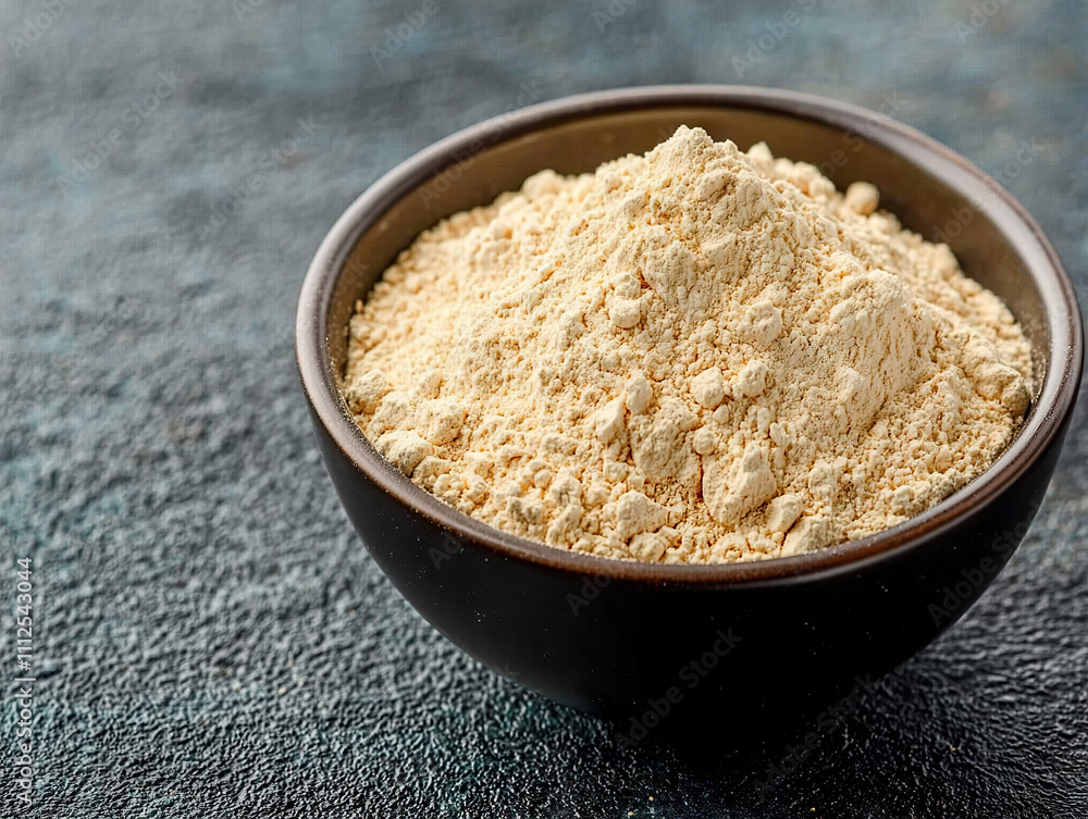 bowl of plant based protein powder, showcasing its fine texture and natural color. This nutritious ingredient is perfect for smoothies and healthy recipes bowl of plant based protein powder, showcasing its fine texture and natural color. This nutritious ingredient is perfect for smoothies and healthy recipes