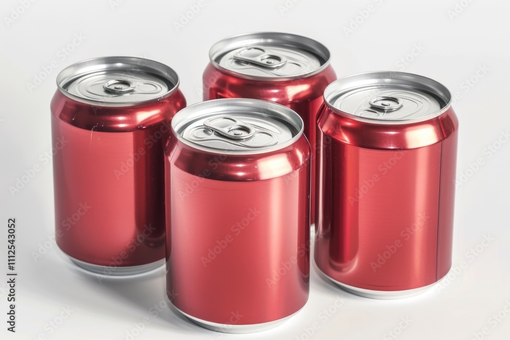 Four empty soda cans lined up side by side, red and shiny Four empty soda cans lined up side by side, red and shiny