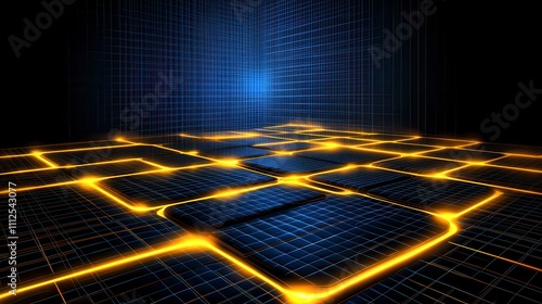 Luminous Grid Network, glowing gold lines on dark backdrop, futuristic digital pathway, blue grid horizon, tech ambiance