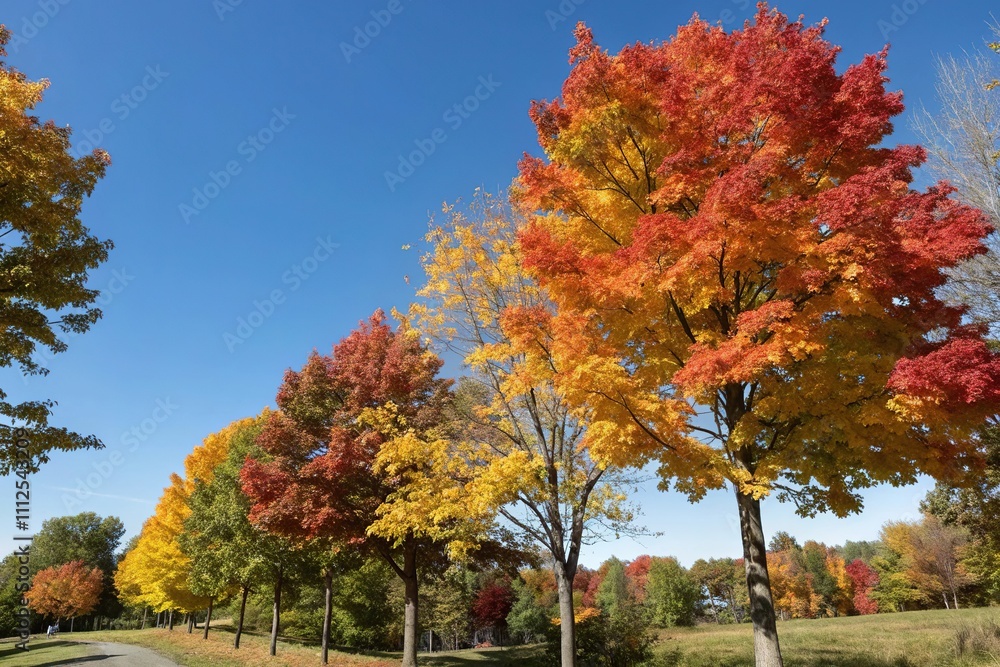 Naklejka premium Colorful maple trees with changing autumn leaves against a clear blue sky, autumn, green, maple