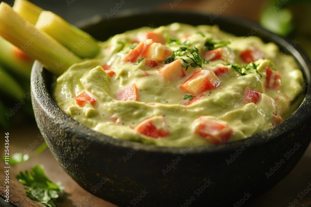 A bowl of creamy guacamole served with fresh carrots and celery sticks, perfect for a healthy snack or appetizer A bowl of creamy guacamole served with fresh carrots and celery sticks, perfect for a healthy snack or appetizer