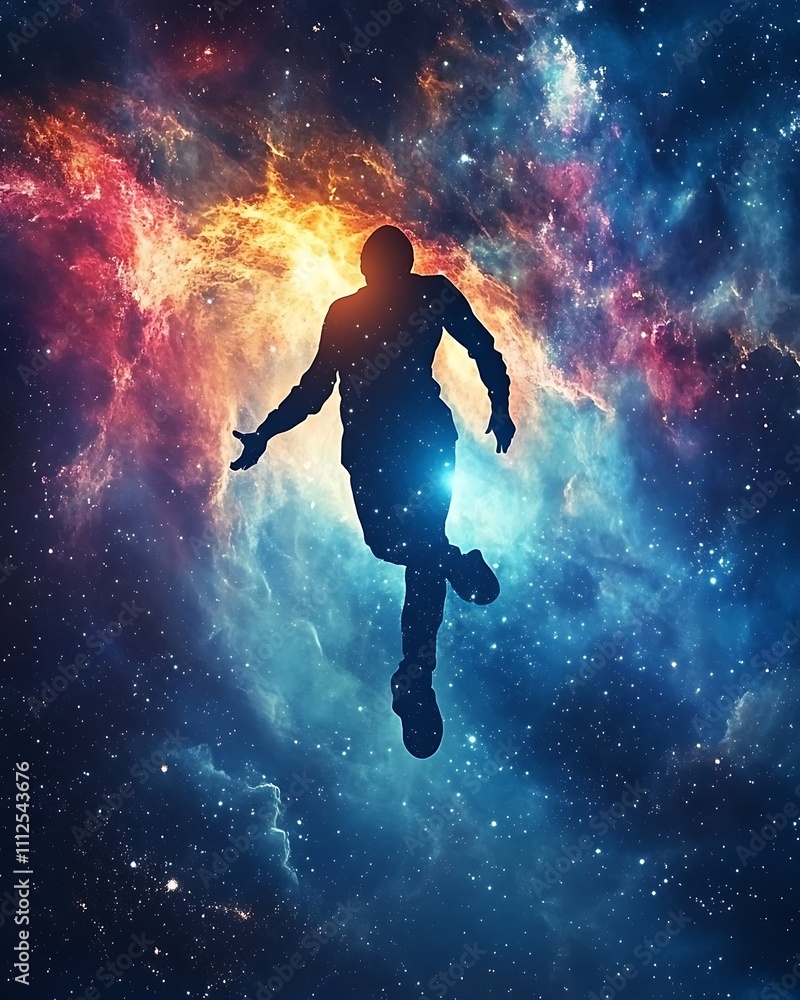 Naklejka premium Cosmic Silhouette Fusion, Cosmic Silhouette in Abstract Space Background