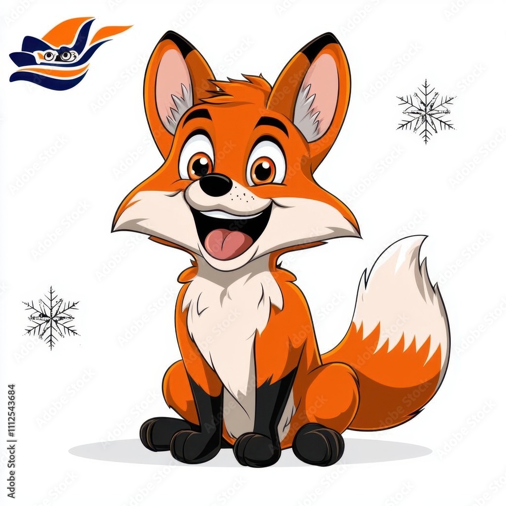 Cute cartoon illustration of a cheerful fox cub playing with snowflakes with big shiny eyes, isolated white background.