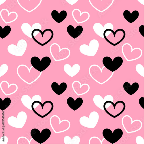 Heart shapes black and white scattered on pink background seamless vector pattern, Valentines Day design, textile print, wallpaper, wrapping paper