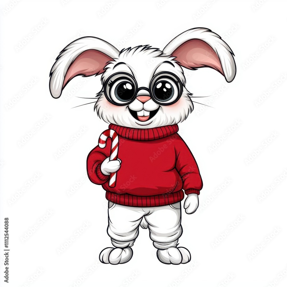 Cute cartoon illustration of a Christmas bunny holding a candy cane with big joyful eyes, isolated white background. Cute cartoon illustration of a Christmas bunny holding a candy cane with big joyful eyes, isolated white background.