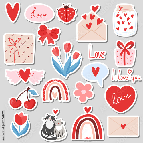 Cute set of stickers for Valentines day. Vector illustration different love and romantic elements, love, heart, flower. Collection for planner, greeting card, love letter or diary