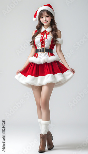 Portrait of a beautiful young woman in a Santa Claus outfit. White background. Christmas image. Card design.サンタクロースの服を着たかわいい若い女性のポートレート。白背景。クリスマスのイメージ。カードデザイン。