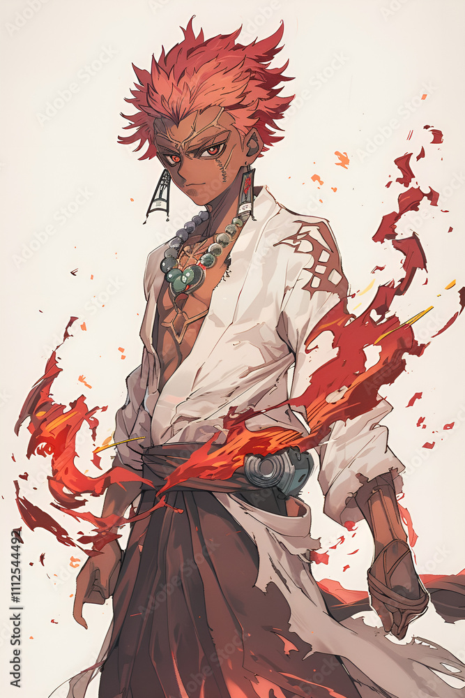 Fototapeta premium Fierce anime warrior with flaming red hair emanating mystical energy