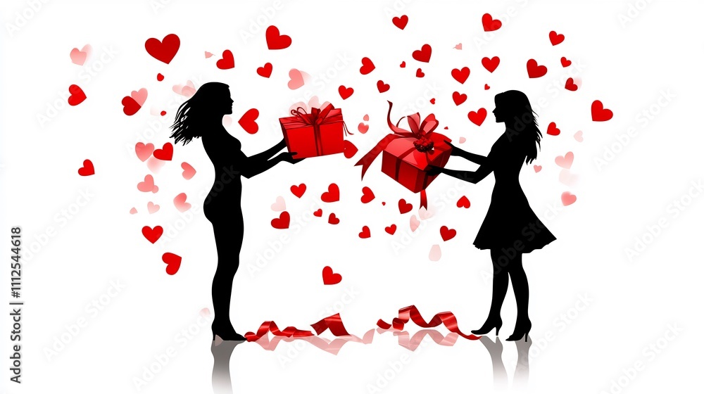 Fototapeta premium Two women exchanging gifts amidst hearts.