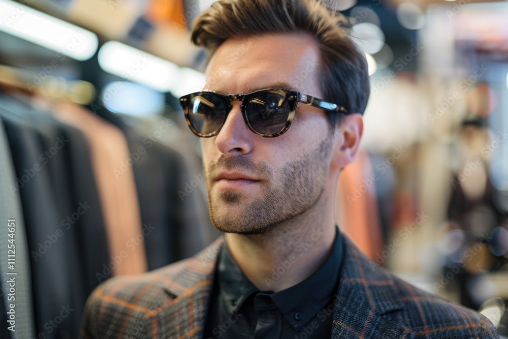 A man wearing a suit and sunglasses browsing products on shelves A man wearing a suit and sunglasses browsing products on shelves