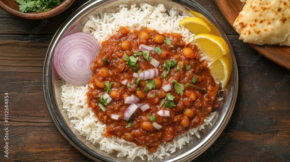 Delicious Chickpea Curry Served on Rice with Fresh Garnishes Delicious Chickpea Curry Served on Rice with Fresh Garnishes