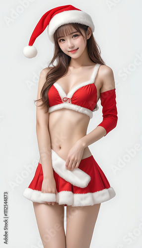 Portrait of a beautiful young woman in a Santa Claus outfit. White background. Christmas image. Card design.サンタクロースの服を着たかわいい若い女性のポートレート。白背景。クリスマスのイメージ。カードデザイン。