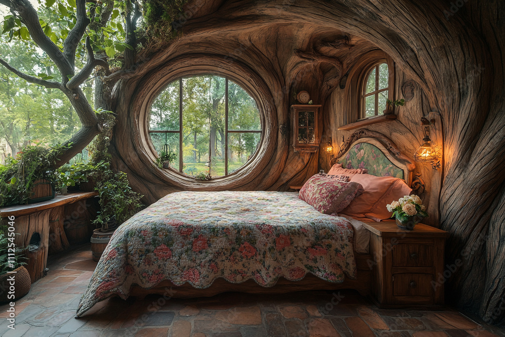 Fototapeta premium Enchanting Tree Trunk Bedroom With Floral Bedding