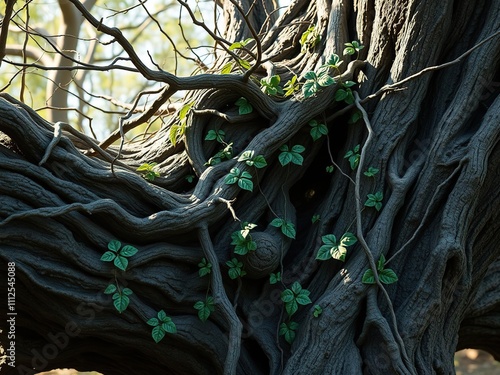 Twisted branches and vines on a gnarled tree trunk, overgrown plants, photo