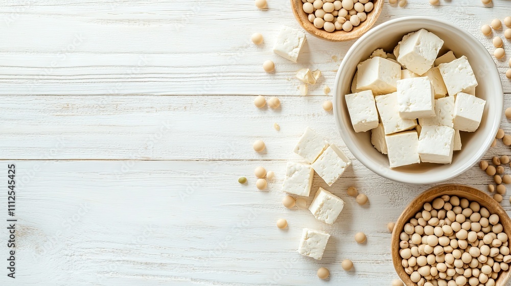 Fresh Tofu and Soybeans on Wooden Table for Healthy Cuisine Fresh Tofu and Soybeans on Wooden Table for Healthy Cuisine