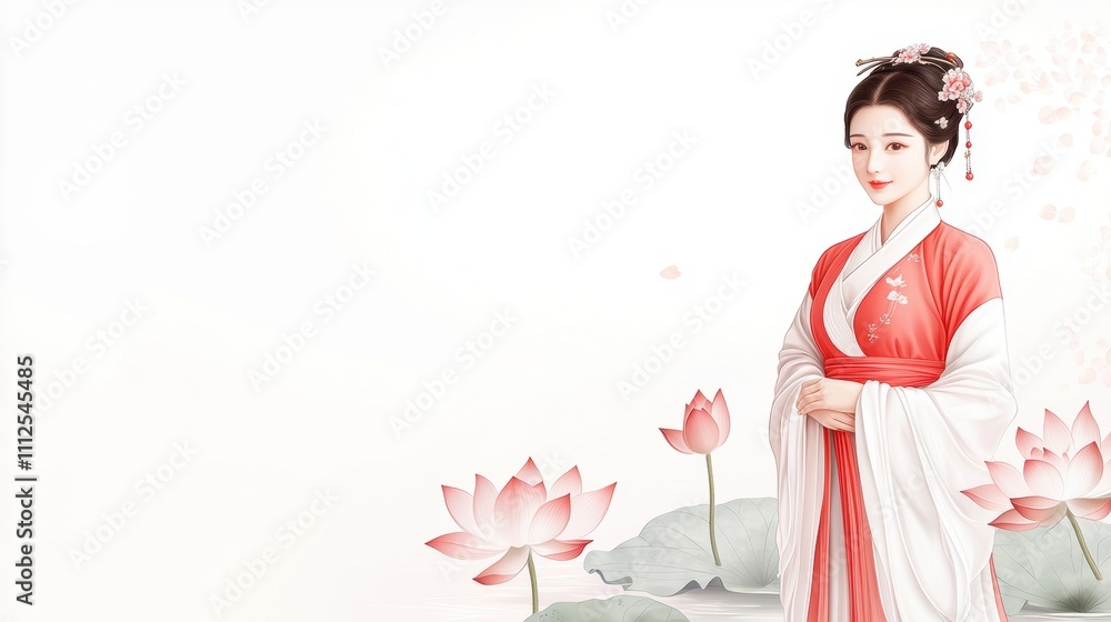 Chinese new year 2025 Elegant woman in traditional attire surrounded by lotus flowers, exuding serenity and grace. lunar new year Chinese new year 2025 Elegant woman in traditional attire surrounded by lotus flowers, exuding serenity and grace. lunar new year