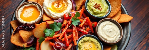 Colorful tapas platter with a variety of dips and spreads such as hummus and guacamole, snacktime, hummus, spreads photo