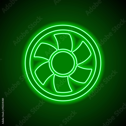Cooler, pc simple icon. Flat design. Green neon on black background with green light