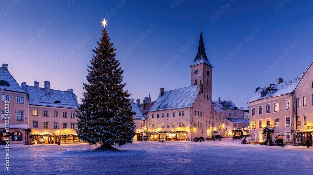 Festive Winter Scene with Christmas Tree and Snowy Town Square Festive Winter Scene with Christmas Tree and Snowy Town Square