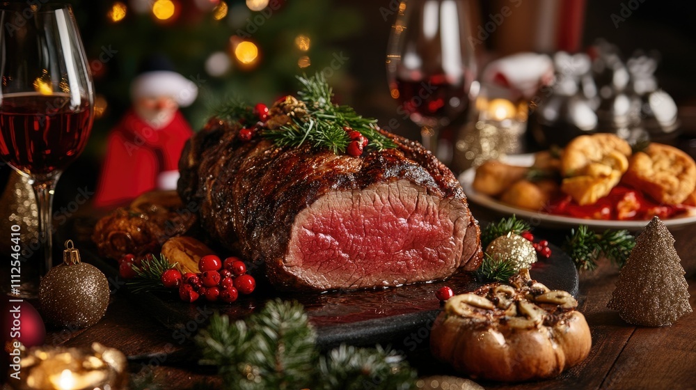 Festive Feast with Roast Beef and Holiday Decorations on Table Festive Feast with Roast Beef and Holiday Decorations on Table