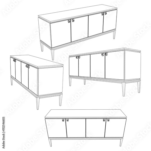 Sideboard Living Room Furniture isolated continuous line art flat vector illustration