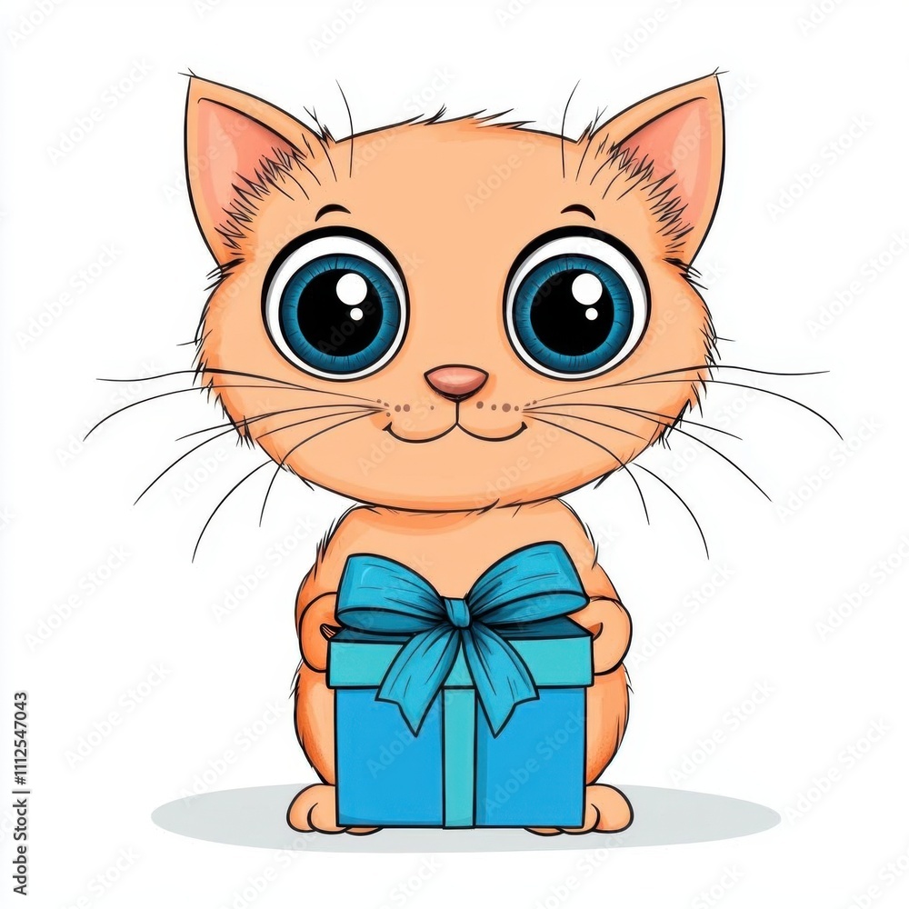 Cute cartoon illustration of a Christmas cat playing with festive ribbons with big playful eyes, isolated white background. Cute cartoon illustration of a Christmas cat playing with festive ribbons with big playful eyes, isolated white background.