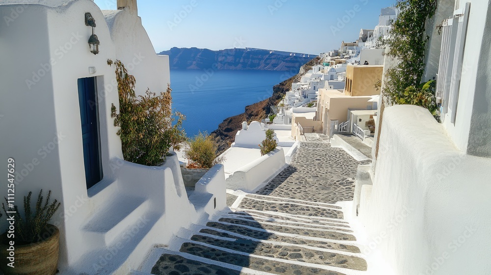 Obraz premium Charming Whitewashed Steps Leading to Aegean Sea in Santorini