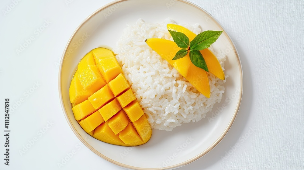 Fresh Mango Slices Served with Steamed Rice on a Plate Fresh Mango Slices Served with Steamed Rice on a Plate